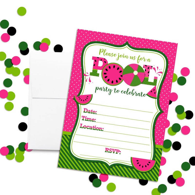 Amanda Creation Watermelon Birthday Pool Party Invitations in Pink, 20 5x7 Fill In Cards with Twenty White Envelopes by AmandaCreation - Image 2
